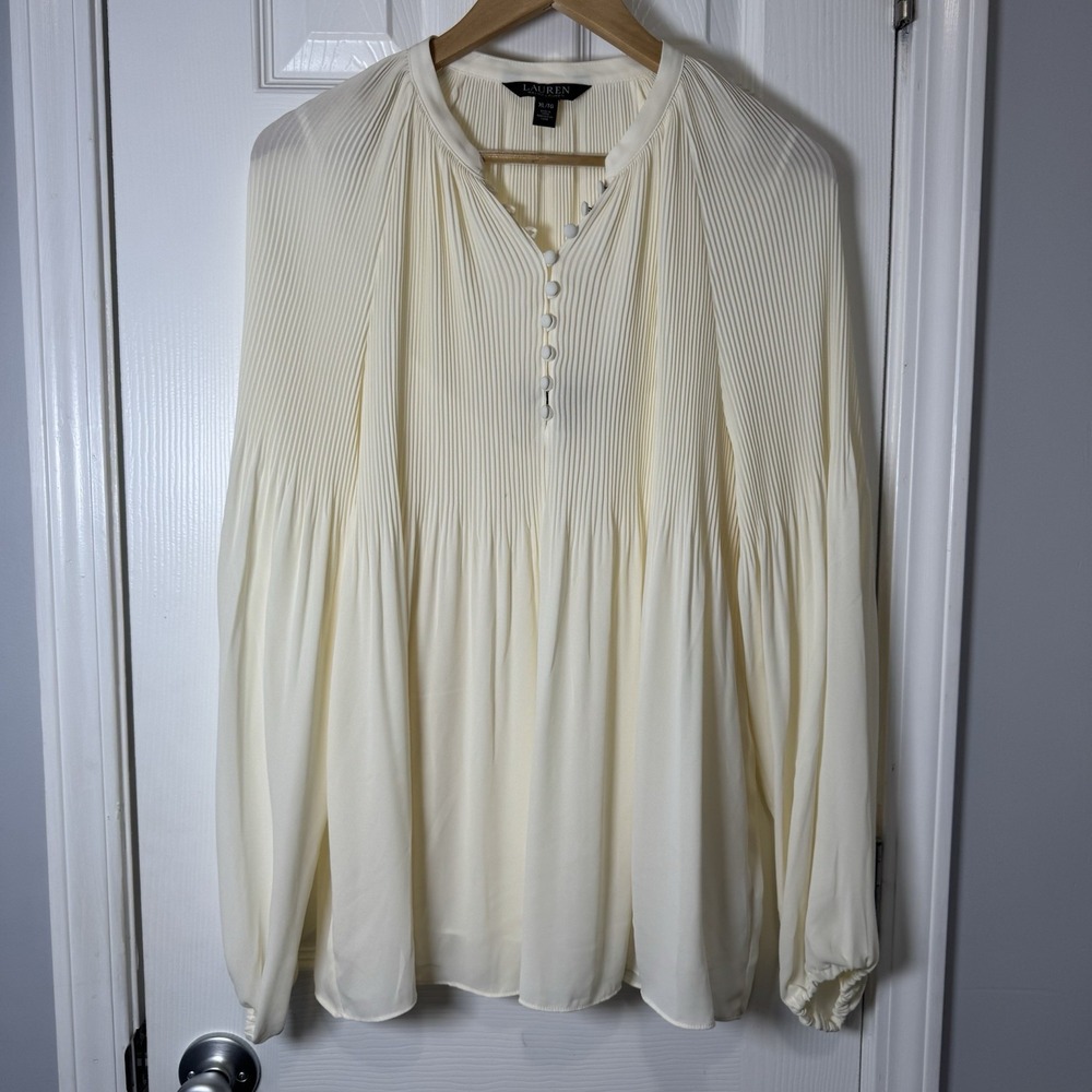Ralph Lauren Pleated Georgette Blouson Sleeve Top Blouse Cream Ivory XL Cami 2pc